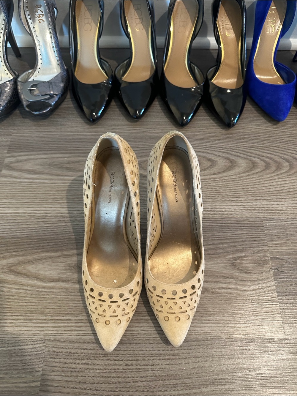 BCBGeneration Beige Laser-Cut Pointed-Toe Pumps